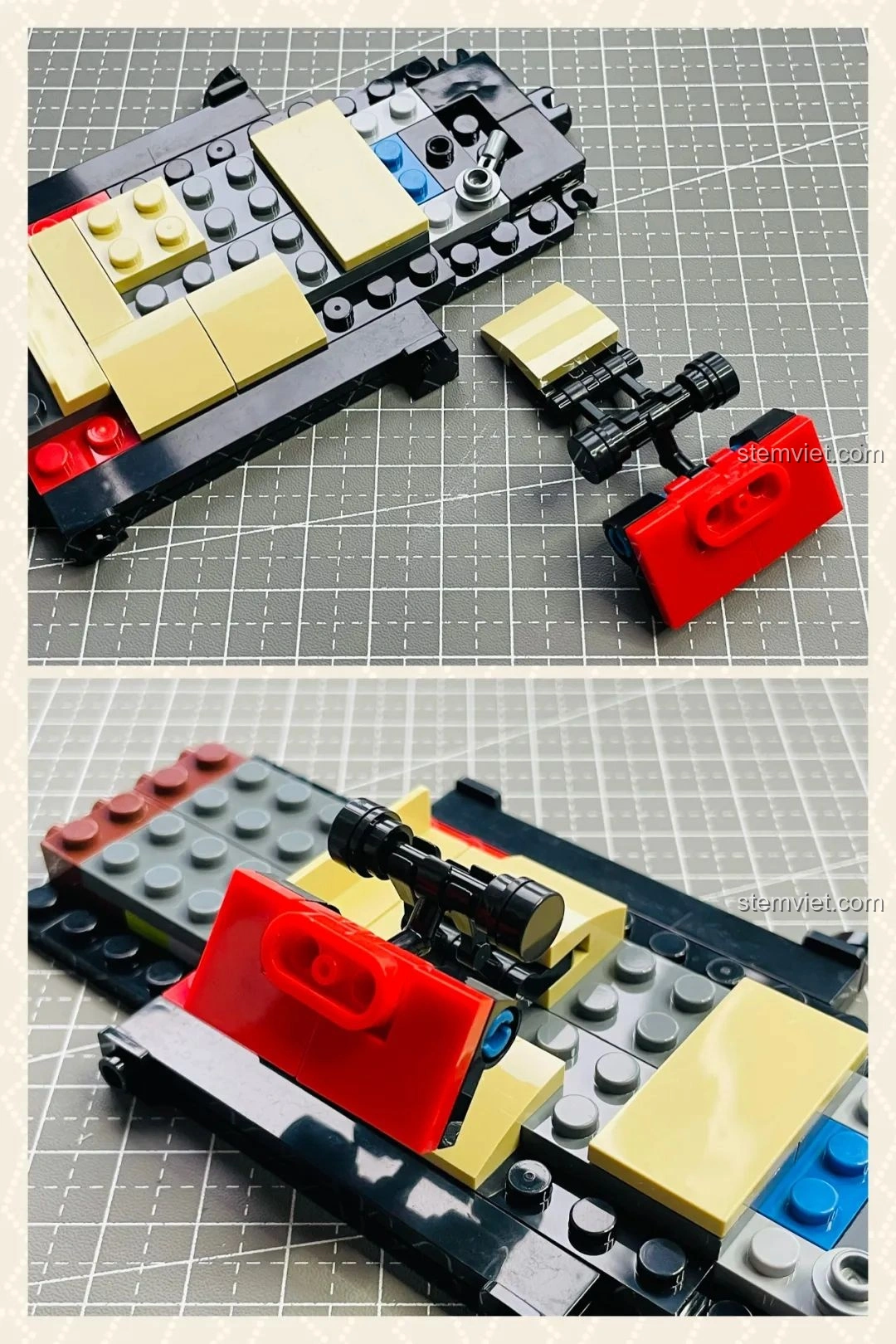 Quá trình lắp ráp chi tiết phần khung gầm và hệ thống treo của mô hình Pinbo PB8807 Xe Cắm Trại T1, với các mảnh ghép màu đỏ và vàng.