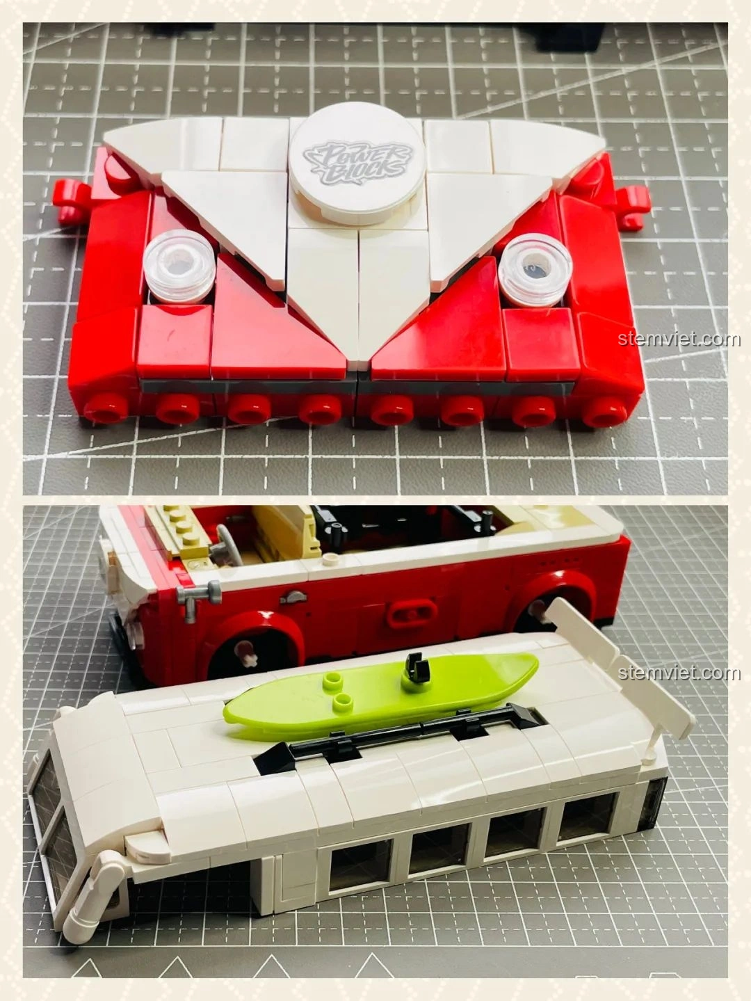 Lắp đặt mái xe màu trắng và ván lướt sóng màu xanh lá lên mô hình Pinbo PB8807 Xe Cắm Trại T1, hoàn thiện vẻ ngoài năng động.