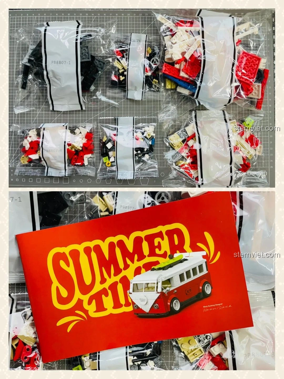 Các túi mảnh ghép của bộ lắp ghép Pinbo PB8807 Xe Cắm Trại T1 Thời Gian Hè được phân loại gọn gàng, cùng sách hướng dẫn lắp ráp chi tiết.