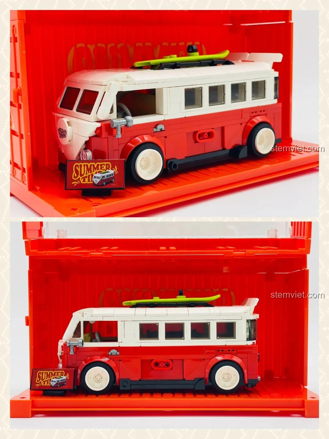 Mô hình Pinbo PB8807 Xe Cắm Trại T1 được trưng bày trong hộp container màu đỏ, với ánh sáng làm nổi bật các chi tiết của xe.