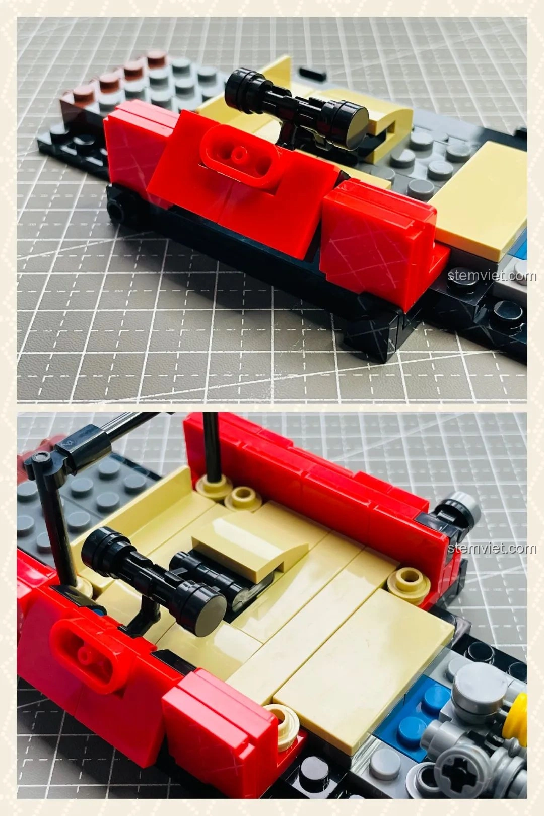 Quá trình lắp ráp các chi tiết nội thất bên trong xe Pinbo PB8807 Xe Cắm Trại T1, với các mảnh ghép màu đỏ và vàng.