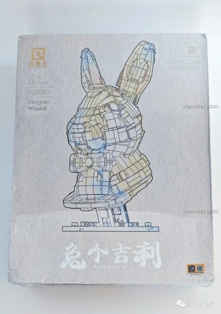 Hộp sản phẩm bộ lắp ghép Qizhile 103001 Thỏ Cát Lợi với hình phác thảo chú thỏ, đồ chơi xây dựng Tượng Thỏ 001.