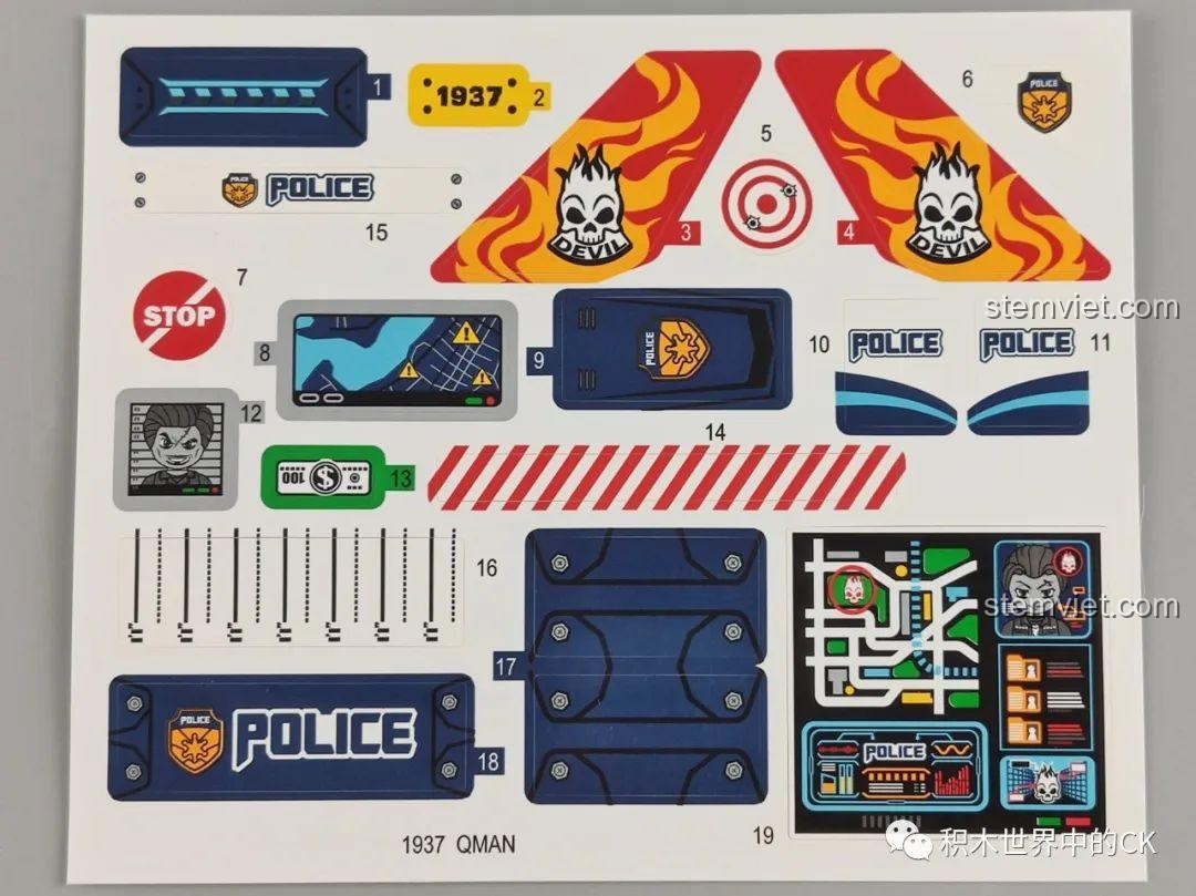 Tấm decal với các chi tiết logo cảnh sát, biển số 1937 và họa tiết lửa cho bộ lắp ráp Sở Cảnh Sát Trọng Án Qman 1937.