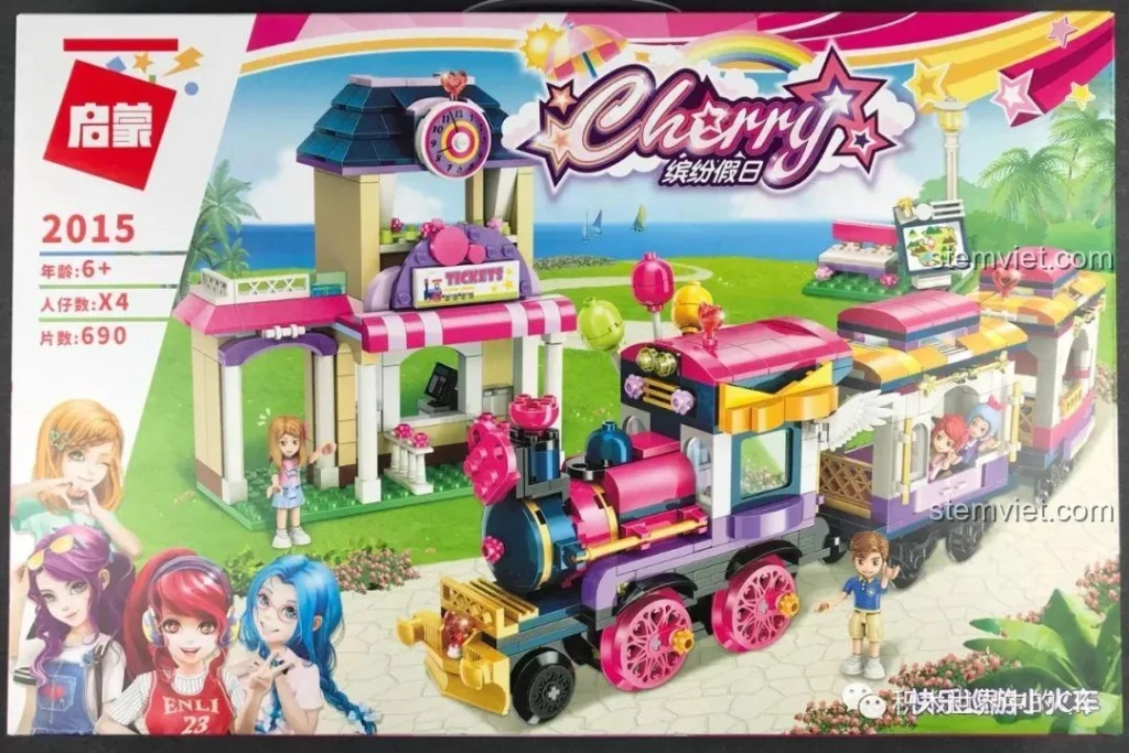 Hộp bộ xếp hình Tàu Hỏa Vui Nhộn Kỳ Nghỉ Đầy Màu Sắc Qman 2015 với hình ảnh ga tàu và tàu hỏa rực rỡ.