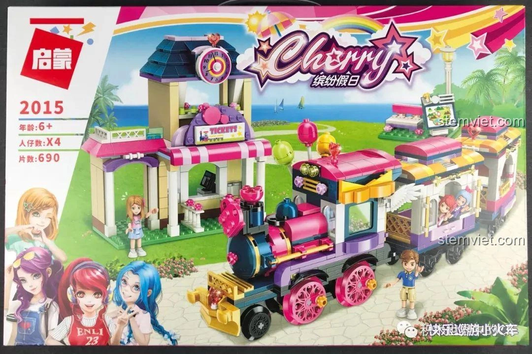 Hộp bộ xếp hình Tàu Hỏa Vui Nhộn Kỳ Nghỉ Đầy Màu Sắc Qman 2015 với hình ảnh ga tàu và tàu hỏa rực rỡ.