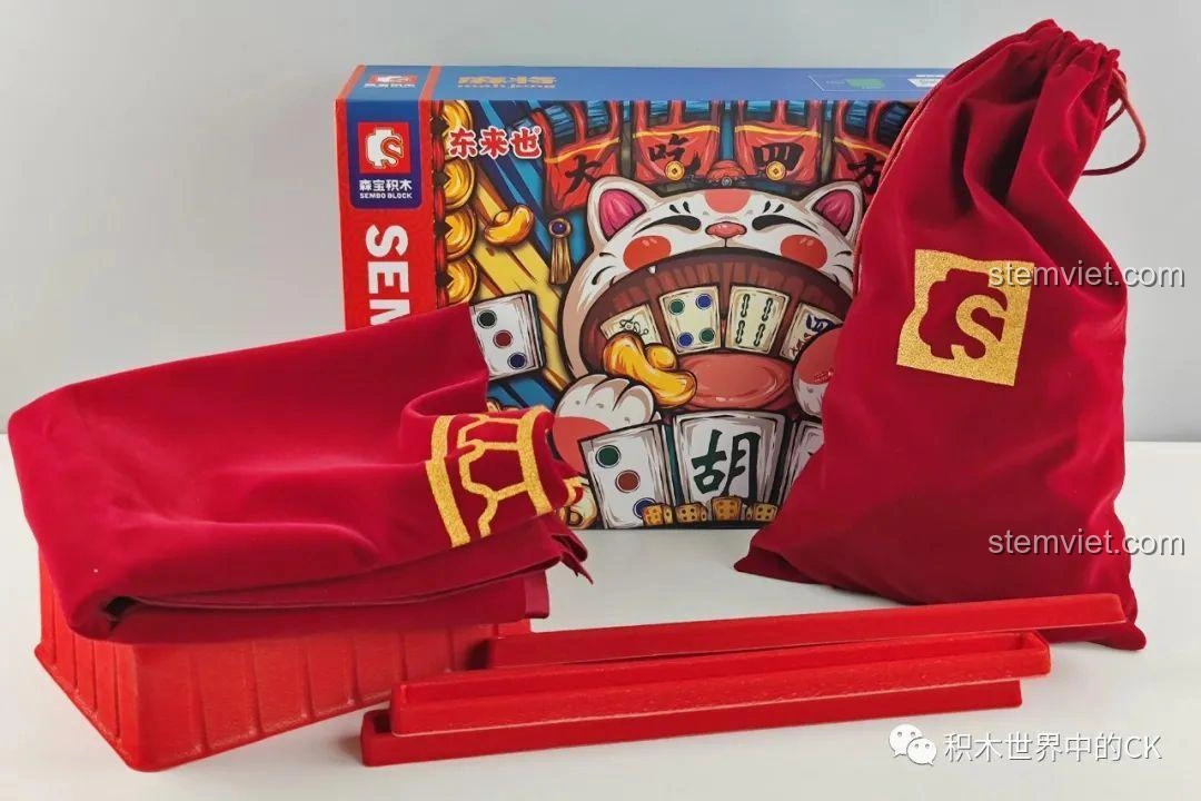 Toàn bộ Bộ Xếp Hình Mạt Chược SEMBO 1152 bao gồm hộp, thảm chơi, túi đựng và các quân mạt chược đã lắp ráp.