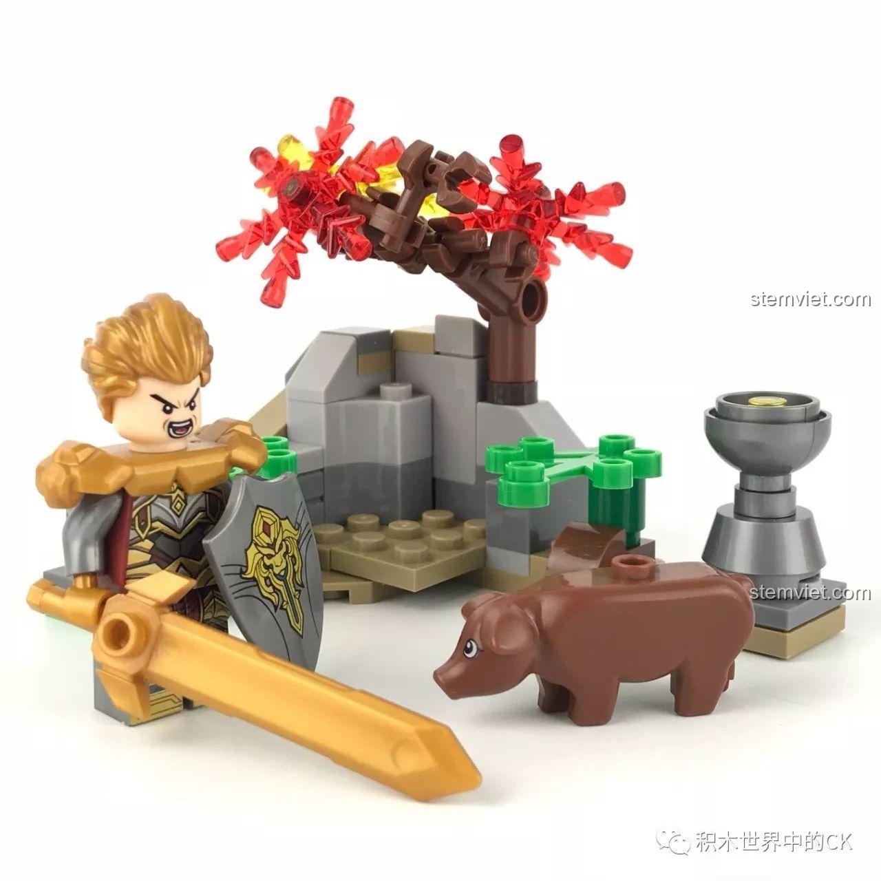 Toàn cảnh bộ lắp ráp Sembo 11841 với minifigure Arthur, heo con và cảnh quan rừng lá đỏ. Trải nghiệm lắp ráp thú vị.