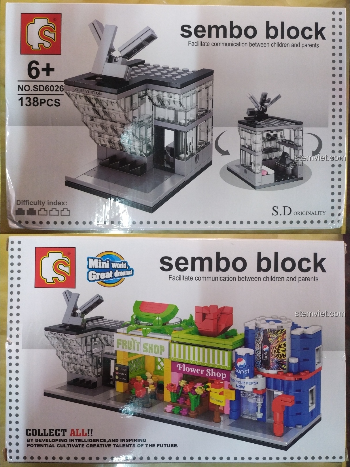 Vỏ hộp bộ lắp ráp Sembo Block SD6026, mô hình cửa hàng túi xách VL với thiết kế kính trong suốt độc đáo.