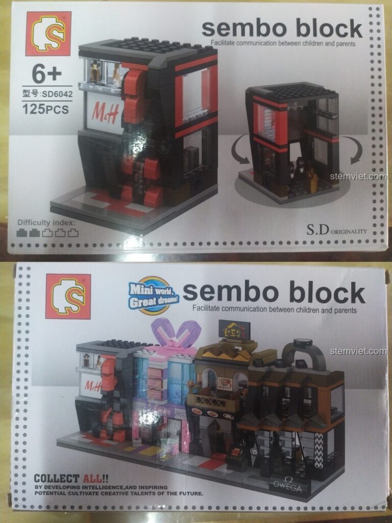 Vỏ hộp bộ lắp ráp Sembo Block SD6042 Cửa hàng quần áo M&H với 125 mảnh ghép, phù hợp cho bé gái từ 6 tuổi.
