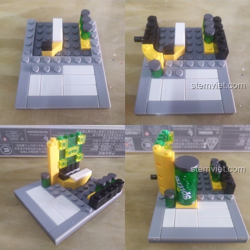 Các bước lắp ráp tầng trệt của mô hình Sembo Block SD6053, bao gồm nền, quầy và các chi tiết trang trí.