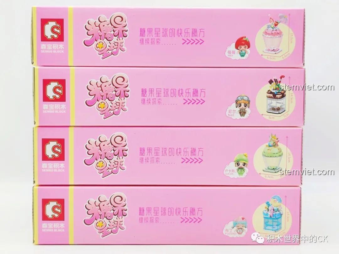 Ảnh cạnh bên các hộp bộ lắp ráp SEMBO Candy Planet, cho thấy kích thước và thông tin mã sản phẩm. Đồ chơi lắp ghép cho trẻ em.