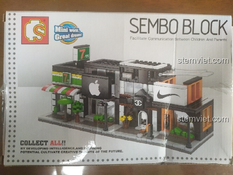 Mặt sau hộp Sembo SD6014 giới thiệu các bộ lắp ghép khác trong cùng series mô hình khu phố mini, tạo nên một bộ sưu tập.