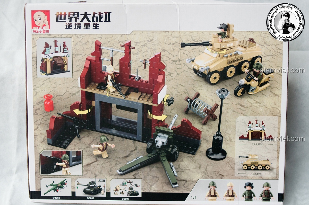 Mặt sau hộp đồ chơi lắp ghép Sluban M38-B0696 Trận chiến Stalingrad với các góc nhìn khác nhau của mô hình, chi tiết xe bọc thép và pháo binh.