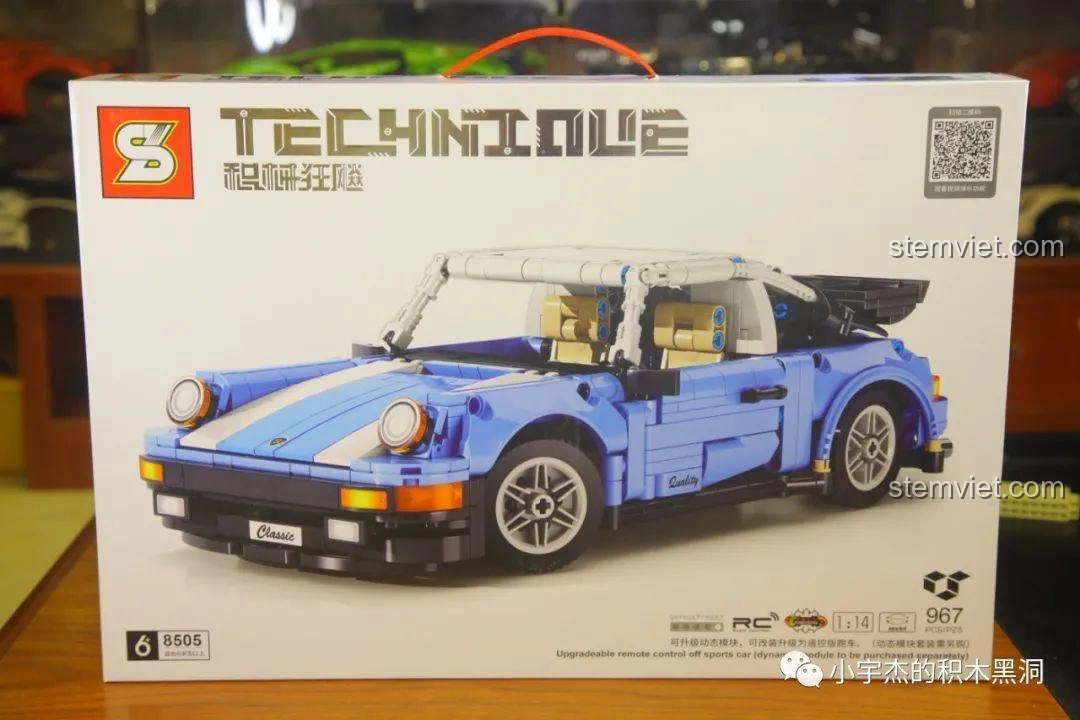 Hộp sản phẩm bộ lắp ráp SY 8505 Mô hình Porsche 911, hiển thị thiết kế xe và thông tin cơ bản.