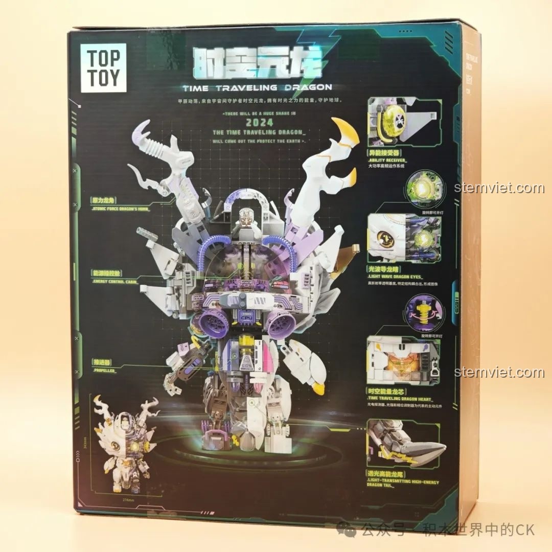 Mặt sau hộp đồ chơi lắp ráp TOP TOY TC1814 Rồng Thời Không, hiển thị các tính năng nổi bật và chi tiết thiết kế.