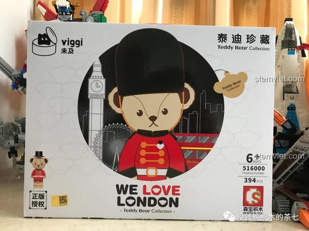 Toàn bộ mảnh ghép của bộ lắp ráp Wekki 516000 Gấu Teddy Yêu London, nhiều túi nhỏ.