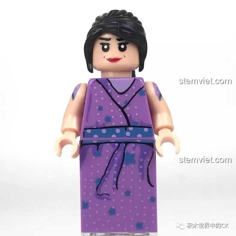 Minifigure Bà Lưu trong bộ XINGBAO XB-01013, mặc một chiếc váy dài màu tím chấm bi.