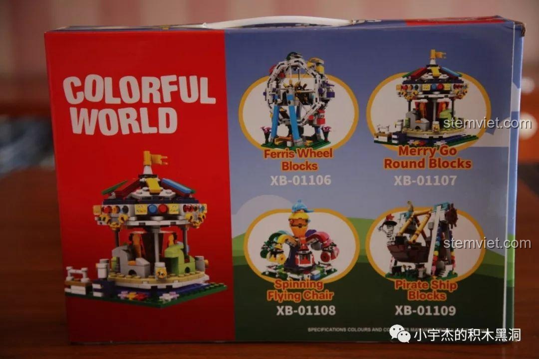 Mặt sau hộp đồ chơi XINGBAO XB-01107 giới thiệu các bộ khác trong series Colorful World như vòng quay, tàu cướp biển.