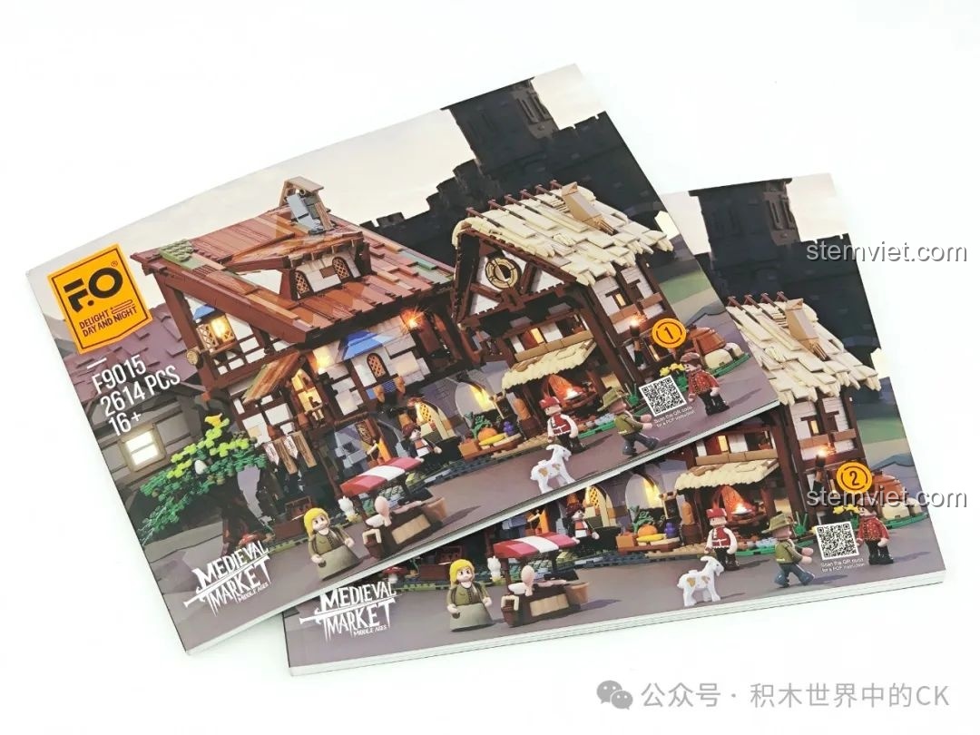 Sách hướng dẫn lắp ráp chi tiết của bộ xếp hình Làng mạc thời Trung cổ F9015, in màu sắc nét và rõ ràng.