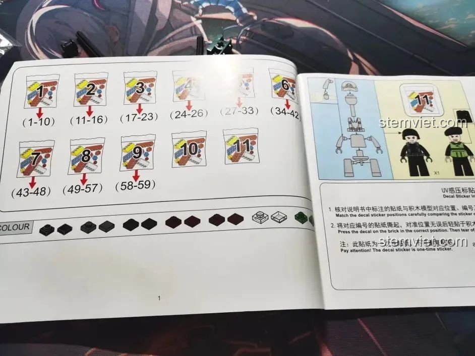 Sách hướng dẫn của bộ lắp ráp Xe tăng Thụy Điển M38B1010, các túi mảnh ghép được đánh số thứ tự rõ ràng.