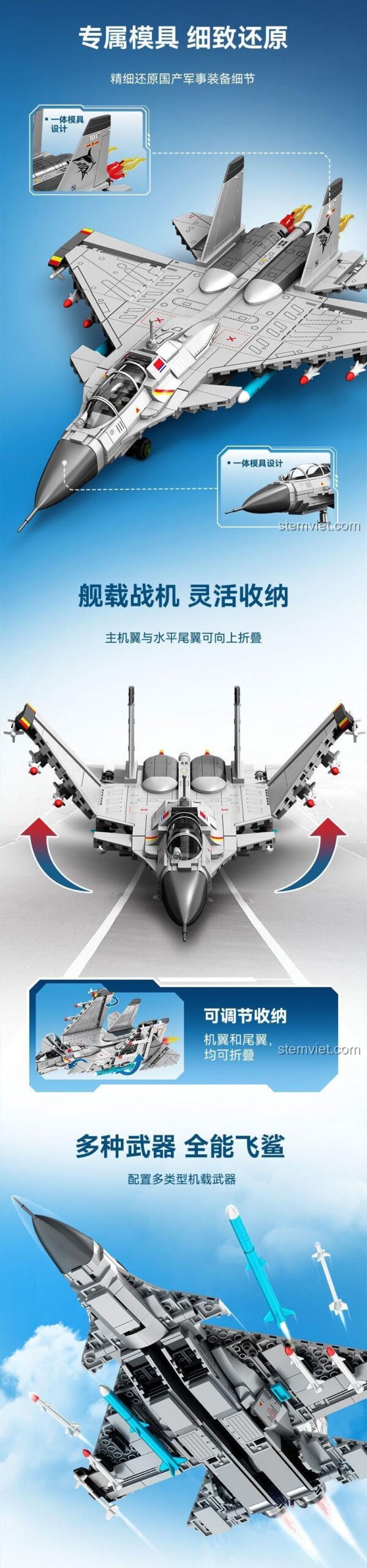 Mô tả các bộ phận độc đáo của đồ chơi mô hình Sembo 202248, thể hiện sự linh hoạt và chi tiết của máy bay chiến đấu.
