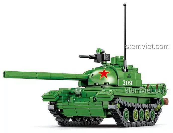 Đồ chơi mô hình Xe tăng Type 59 SEMBO 203105 góc 3/4 phía trước, chi tiết tinh xảo, món quà đáng tiền cho bé trai 6 tuổi.