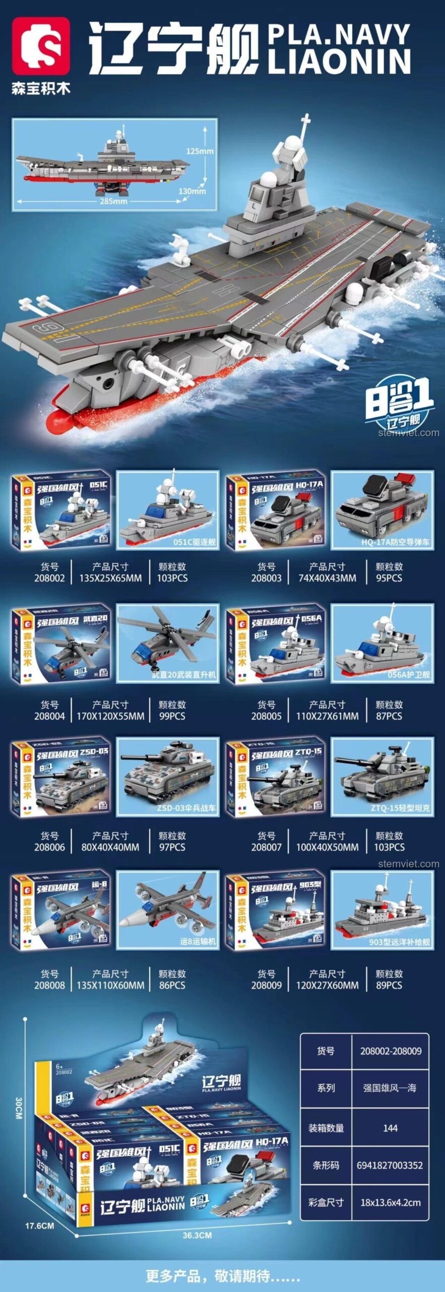 Chi tiết 8 mô hình nhỏ và mô hình Tàu sân bay Liêu Ninh kết hợp từ bộ xếp hình Sembo 208002-9, đồ chơi sáng tạo cho bé.