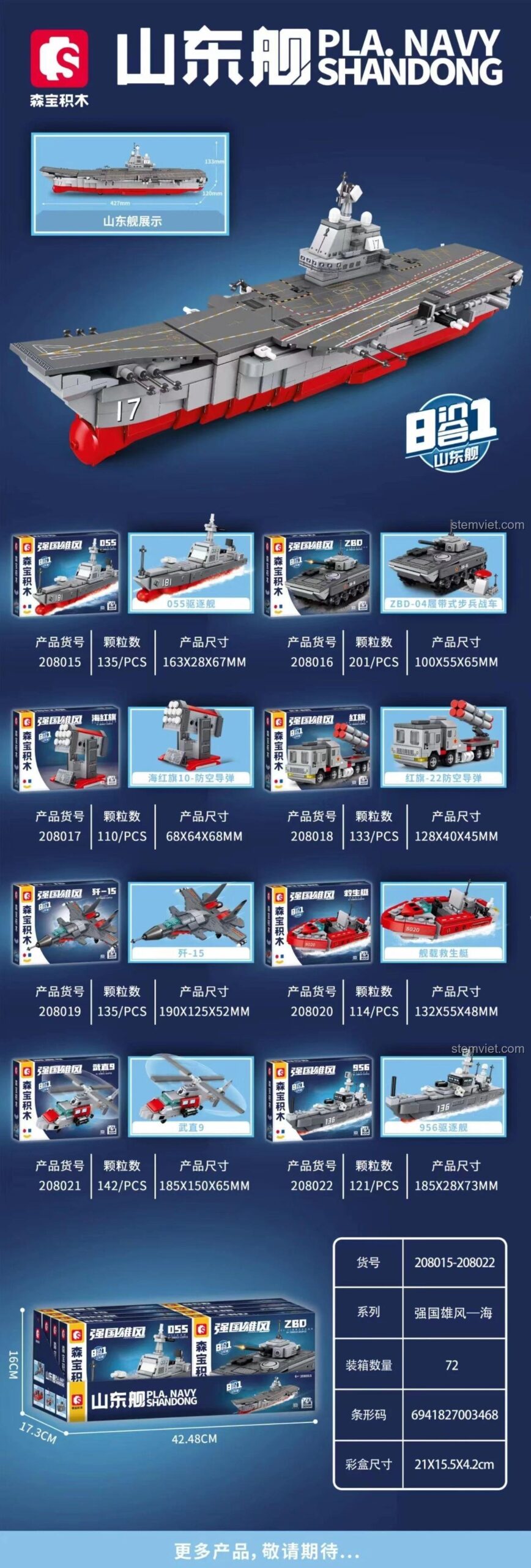 Poster giới thiệu bộ xếp hình Tàu sân bay Sơn Đông Sembo 208021, thể hiện 8 mô hình nhỏ và mô hình hàng không mẫu hạm kết hợp.