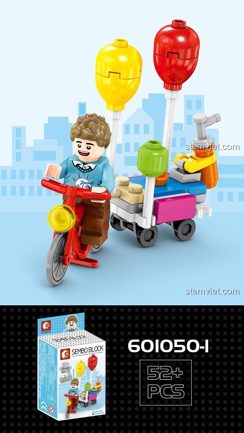 Tổng hợp bộ sưu tập đồ chơi xếp hình SEMBO 601050 chủ đề cuộc sống thành phố, gồm nhiều minifigure và xe đẩy hàng rong, phù hợp cho bé trai và bé gái trên 6 tuổi.