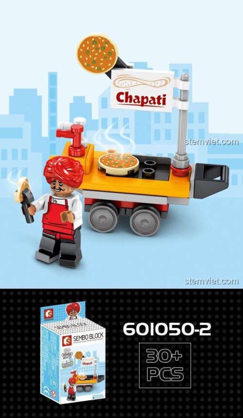 Đồ chơi mô hình Xe bán bánh Chapati Sembo 601050-2, gồm 30+ mảnh ghép, phù hợp cho bé trai và bé gái từ 6 tuổi.