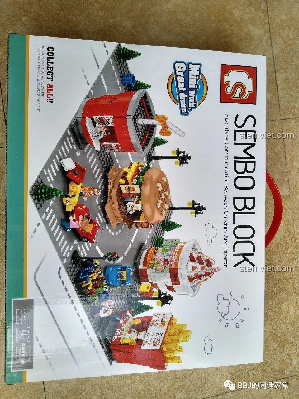 Hình ảnh hộp của bộ đồ chơi Tiệm Burger mini Sembo 601055, cho thấy toàn bộ series 4 trong 1 phố ẩm thực.