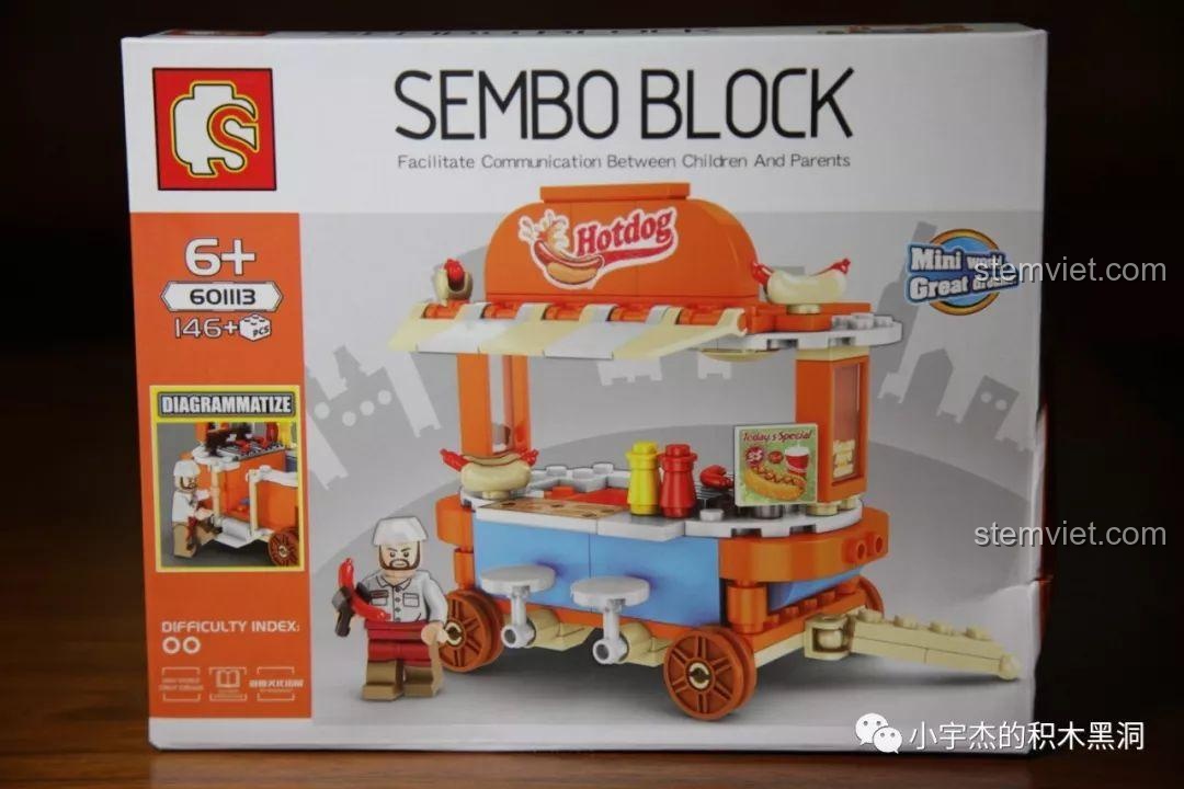 Cận cảnh hộp đồ chơi mô hình xe bán hotdog Sembo 601113 với 146 mảnh ghép, phù hợp cho bé gái.