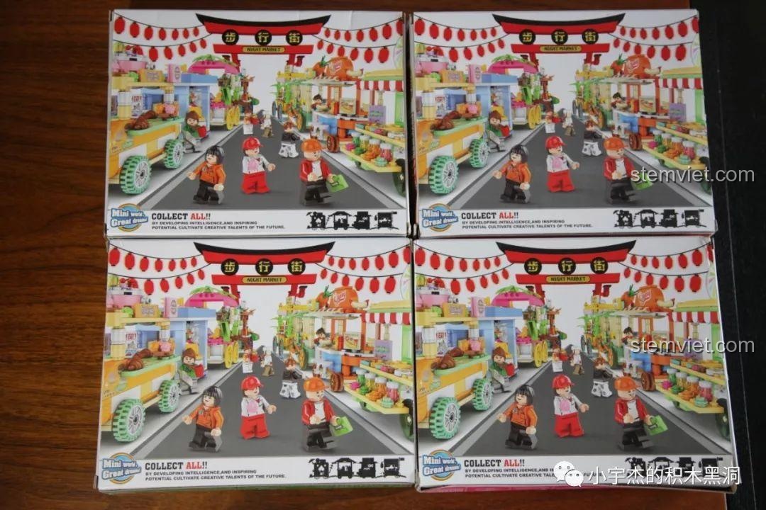 Mặt sau hộp mô hình lắp ghép Sembo 601116 gợi ý cách ghép thành một khu phố ẩm thực mini.