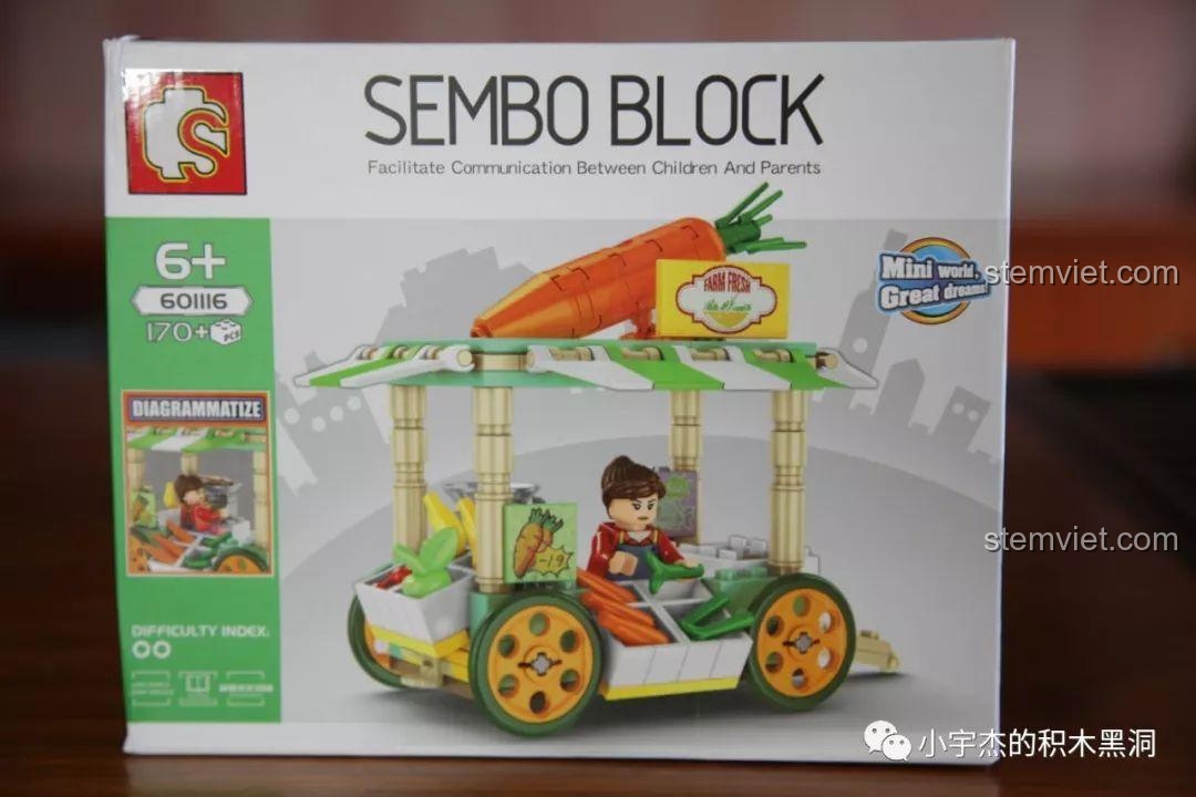 Hộp của mô hình xe bán rau củ quả Sembo 601116, một phần của bộ sưu tập 601115, với 170 mảnh ghép.