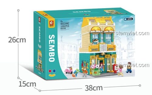 Hộp đồ chơi mô hình Tòa nhà Hiệu Sách 601144 của SEMBO, thể hiện kích thước 38x26x15cm, là món quà giá tốt cho bé.