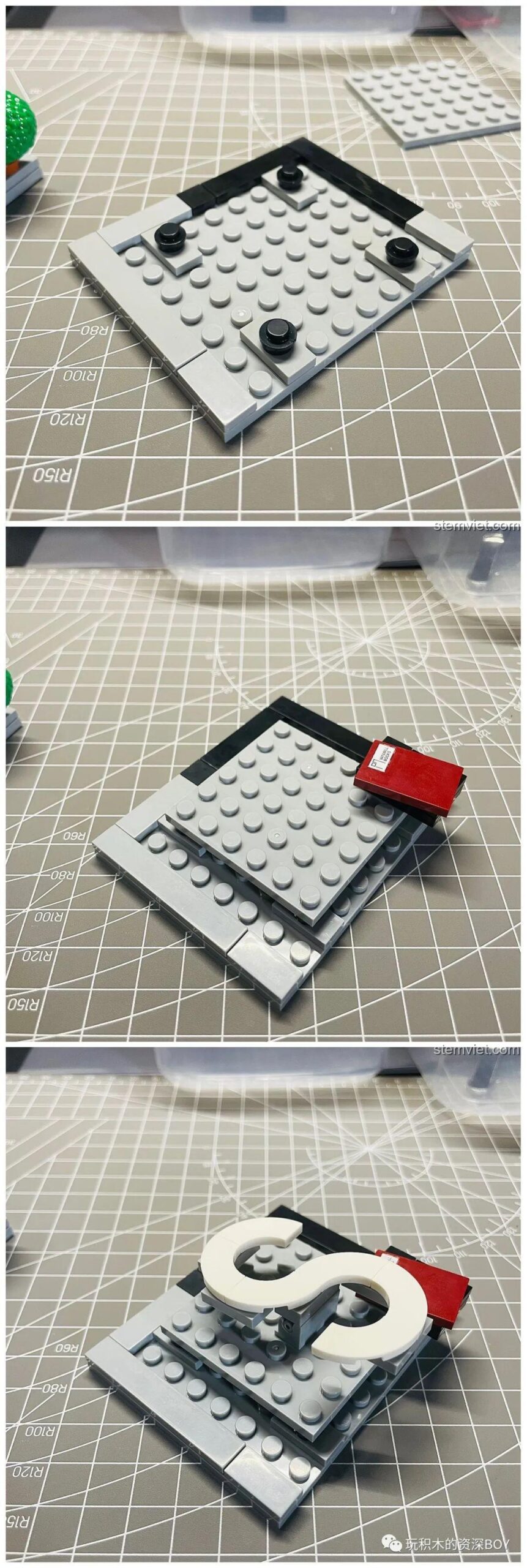 Lắp ráp các chi tiết ngoại cảnh như đèn đường và cây xanh cho Mô hình kiến trúc sách 151, hoàn thiện cảnh quan.