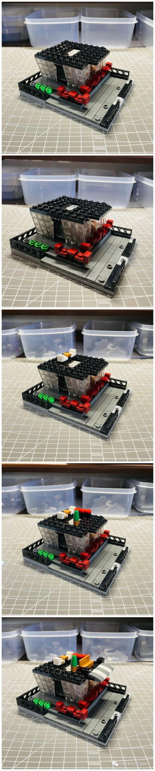 Nội thất tầng 1 của Mô hình hiệu sách SEMBO, bao gồm kệ sách và biển hiệu, tăng tính chân thực.