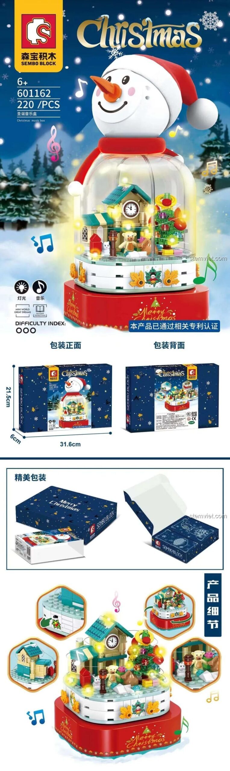 Thông tin chi tiết và kích thước của đồ chơi mô hình Người tuyết Sembo 601162, bao gồm kích thước hộp và các tính năng nổi bật như đèn và nhạc.
