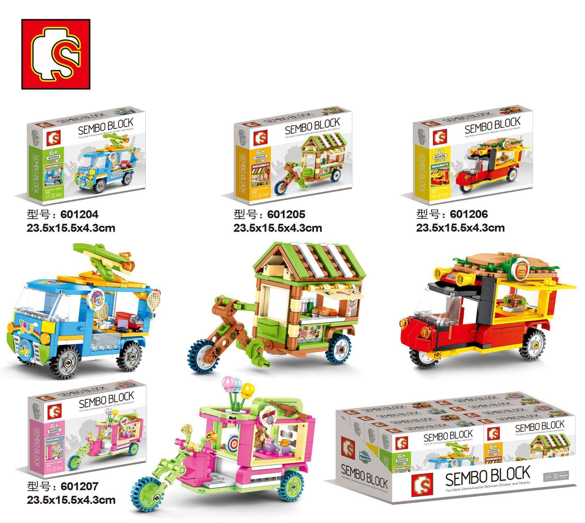 Bộ 4 xe đẩy bán hàng mini Sembo 601206, đồ chơi lắp ráp xe bán hamburger cho bé trai 6 tuổi giá rẻ.