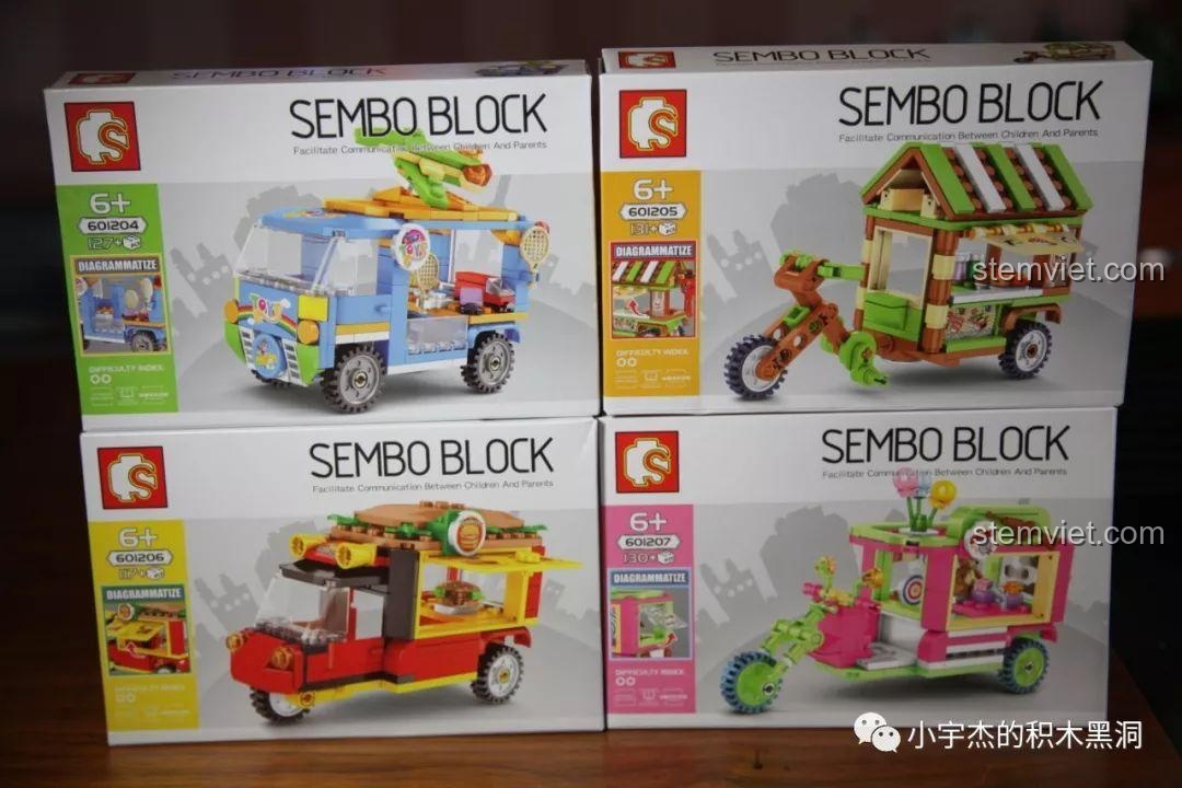 Hộp sản phẩm đồ chơi mô hình Sembo 601206 xe bán hamburger và các xe khác trong series.