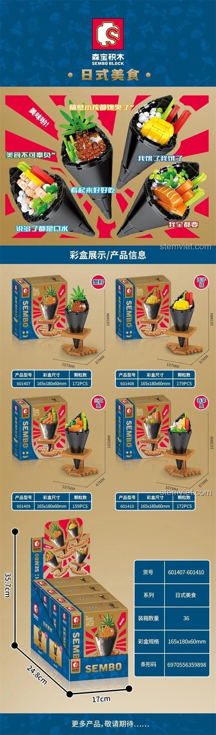 Đồ chơi mô hình Ẩm thực Nhật Bản SEMBO, bao gồm các mẫu sushi cuộn và món ăn Nhật khác, chi tiết cao, phù hợp cho trẻ em 6 tuổi, giá tiết kiệm.