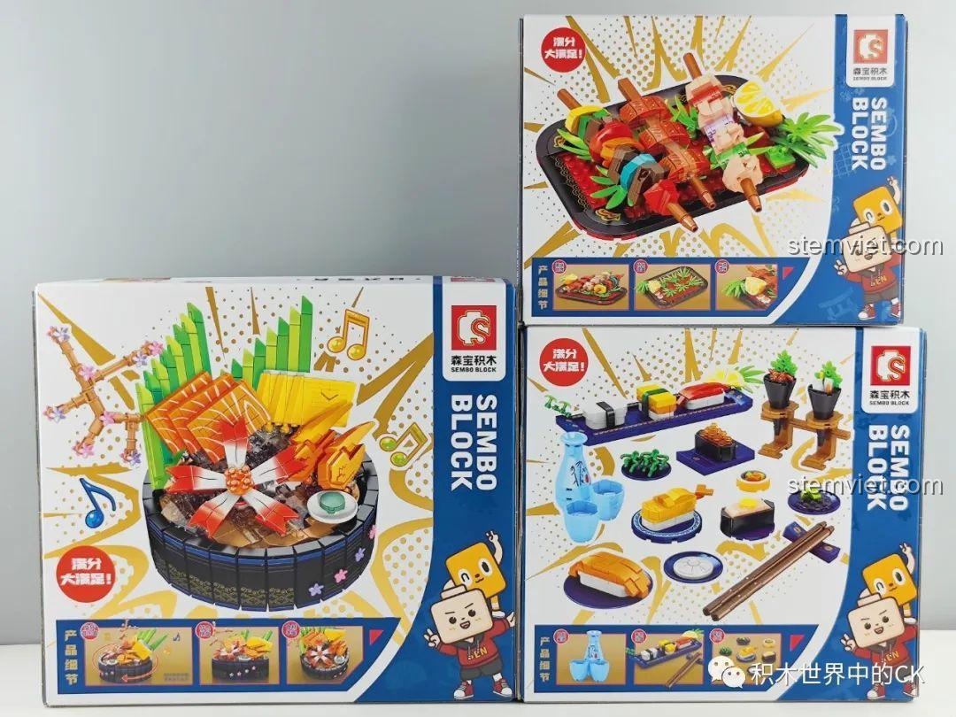 Trọn bộ 3 hộp đồ chơi SEMBO 601415 Hộp nhạc Sashimi và các món ăn Nhật Bản khác, bộ lắp ghép món ăn Nhật Bản độc đáo.