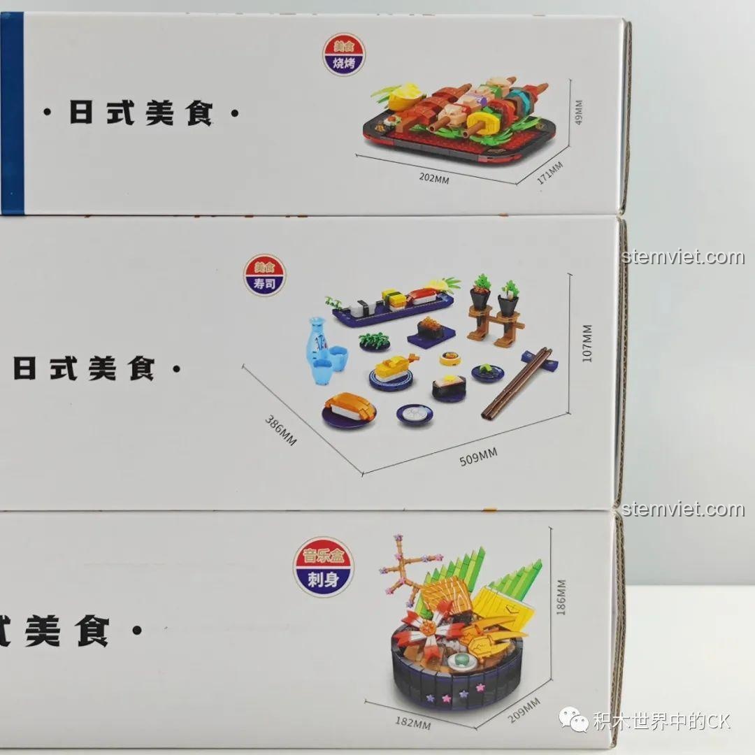 Kích thước chi tiết của bộ đồ chơi Hộp nhạc Sashimi SEMBO 601415 và các mô hình món ăn Nhật Bản khác, giúp bé gái 6 tuổi dễ hình dung.