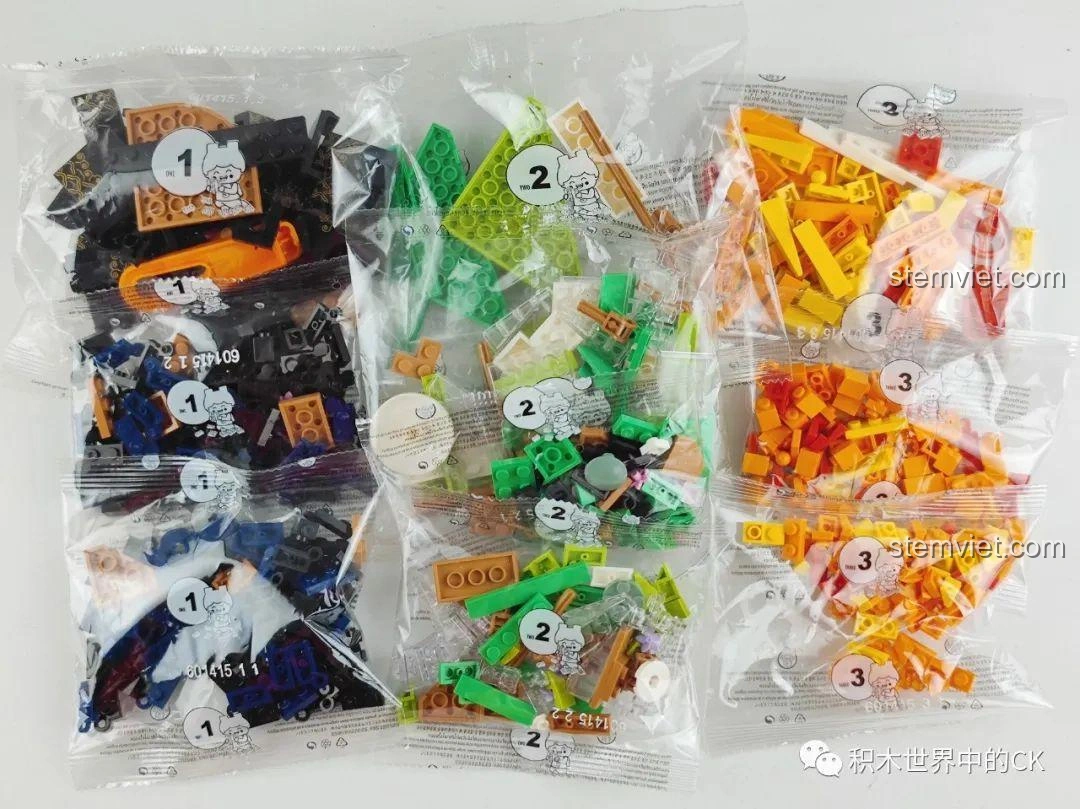 Các túi mảnh ghép của bộ lắp ráp SEMBO 601415 Đĩa Sashimi, được phân loại theo số thứ tự.