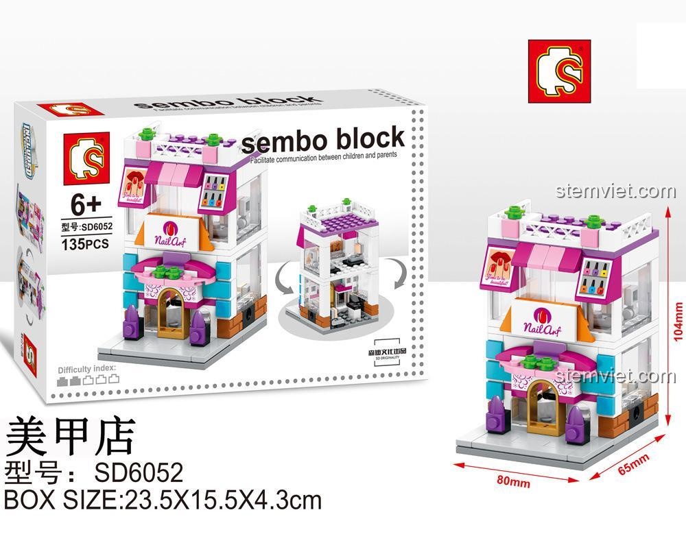 Kích thước chi tiết của bộ lắp ghép Tiệm nail mini Sembo SD6052, cao 10.4cm, phù hợp cho bé gái.