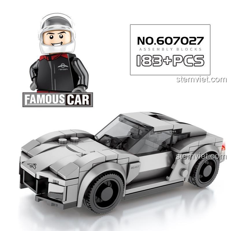 Ảnh quảng cáo đồ chơi lắp ghép Siêu xe Rezvani Beast Alpha Sembo 607027 cùng minifigure tay đua đi kèm.