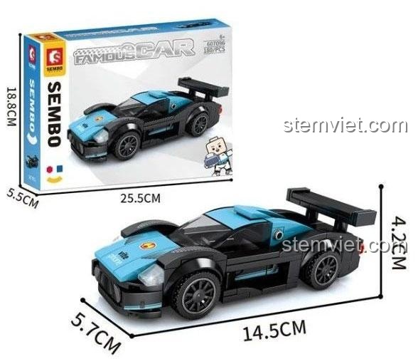 Hộp và kích thước của bộ xếp hình 607096 Xe đua Maserati MC12 từ Sembo, món quà lý tưởng cho bé trai.