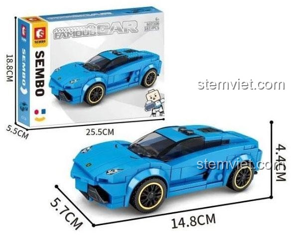 Ảnh hộp và kích thước chi tiết của bộ lắp ráp Siêu xe Lamborghini Aventador LP700, một lựa chọn đồ chơi mô hình Sembo chất lượng.
