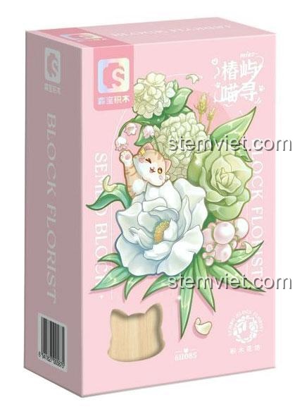 Mô hình Bó hoa mèo con Sembo 611085 với đế gỗ sang trọng. Đồ chơi lắp ghép sáng tạo cho bé gái 8 tuổi, giá tốt.