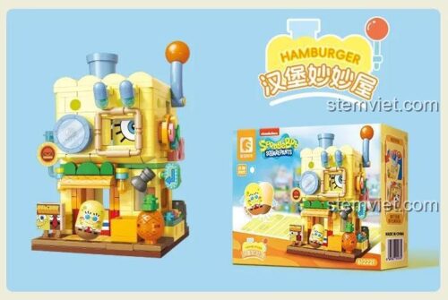 Hộp bộ lắp ghép Cửa Hàng Spongebob SEMBO 612221, thể hiện rõ mô hình và nhân vật Spongebob, Patrick, món quà giá tốt cho bé 6 tuổi.